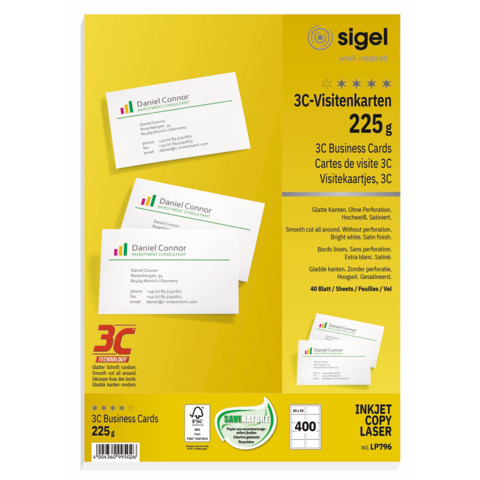 Visitenkarten Sigel LP796, 3C, einseitiger Druck, 85 x 55 cm, Ecken spitz, 225 g/qm, hochweiß, 400 Stück auf 40 Blatt