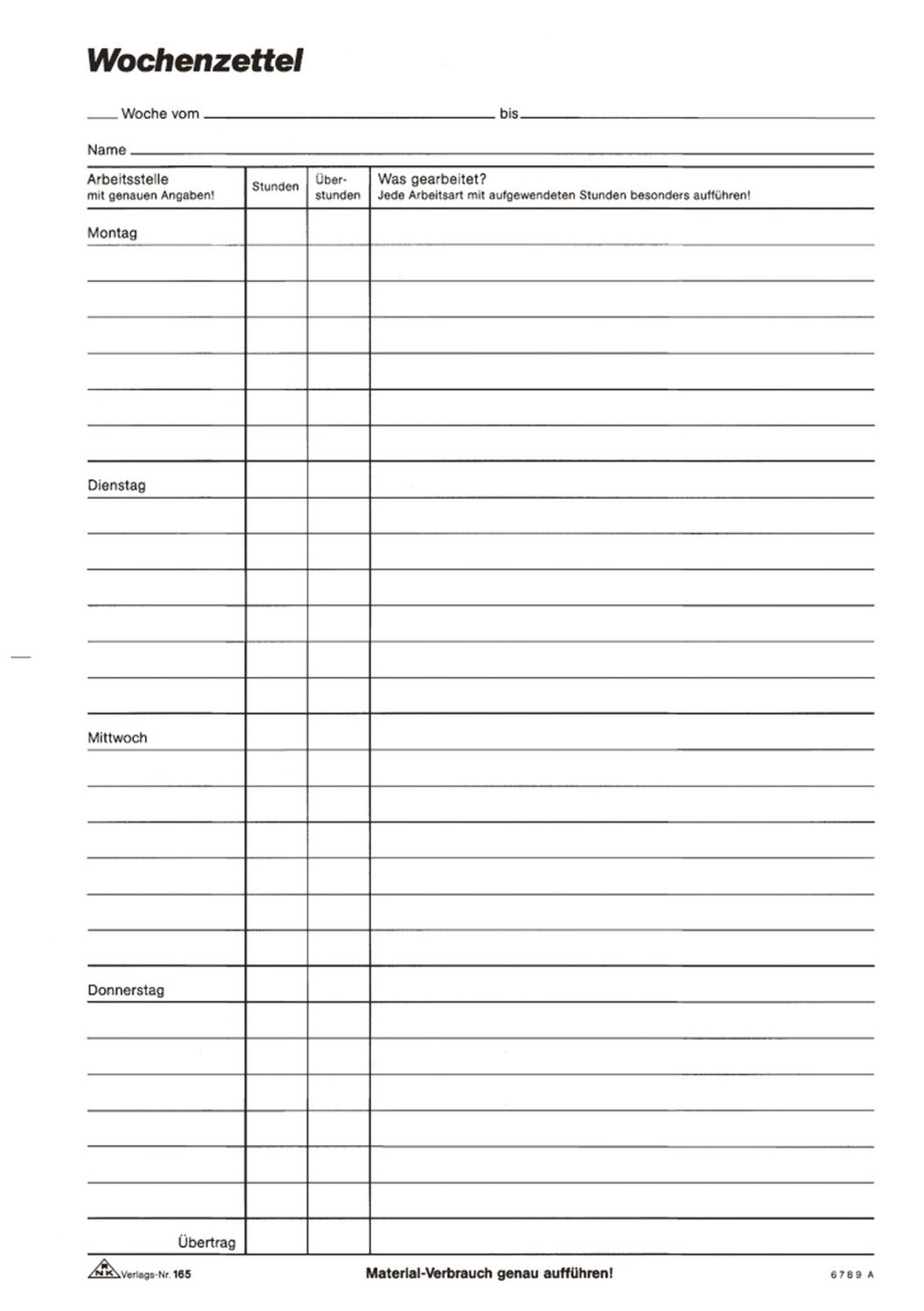 Wochenzettel - Block, 100 Blatt, DIN A4, Montag - Sonntag Wochenzettel - Block, 100 Blatt, DIN A4, Montag - Sonntag
