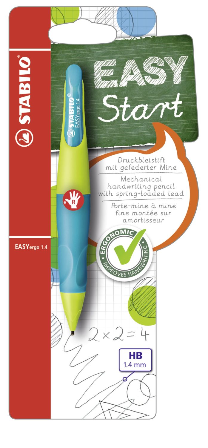 Ergonomischer Druck-Bleistift für Rechtshänder - EASYergo 1.4 in neonlimonengrün/aquamarin - Einzelstift - inklusive 3 dünner Minen - Härtegrad HB Ergonomischer Druck-Bleistift für Rechtshänder - EASYergo 1.4 in neonlimonengrün/aquamarin - Einzelstift - inklusive 3 dünner Minen - Härtegrad HB