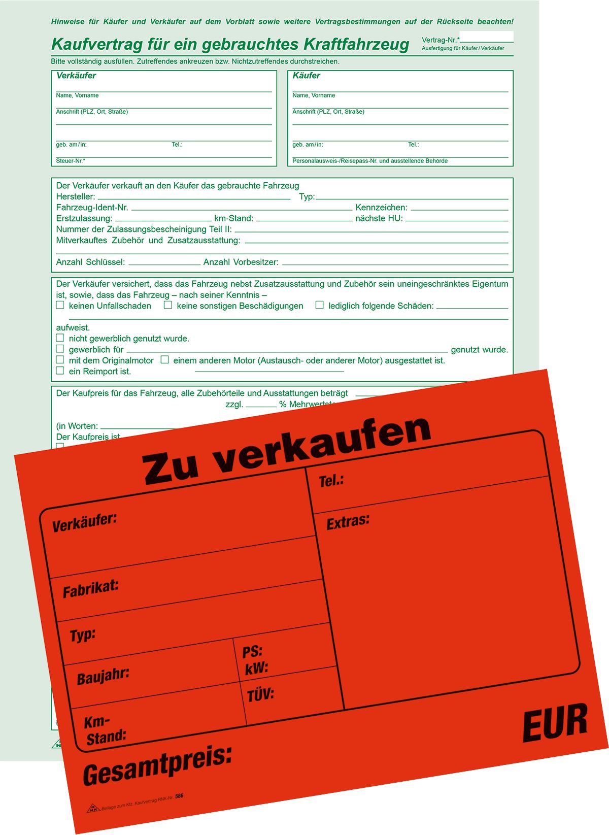 Kaufvertrag für ein gebr. Kfz - SD, 1x4 Blatt, DIN A4, mit Verkaufsplakat Kaufvertrag für ein gebr. Kfz - SD, 1x4 Blatt, DIN A4, mit Verkaufsplakat
