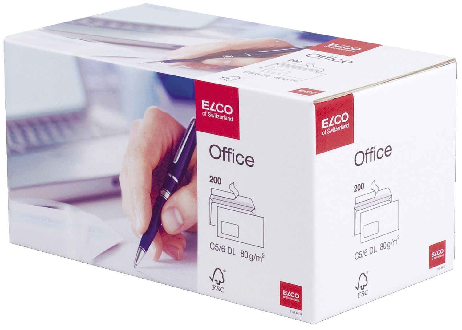 Briefumschläge Office Elco 74532.12, C6/5, hochweiß, haftklebend, mit Fenster, 80 g/qm, 200 Stückin Shop Box