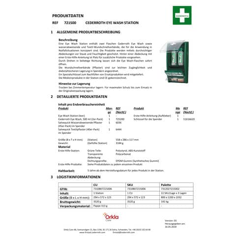 Augenspülung Cederroth 721500, Augenspülstation mit 2 x 500 ml ph-neutral Lösung, Pflasterspender und Wandbox