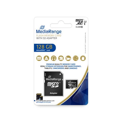 SD-Karte MediaRange MR945, 128 GB, bis 80 MB/s, Micro SDXC Klasse 10 mit SD-Karten Adapter