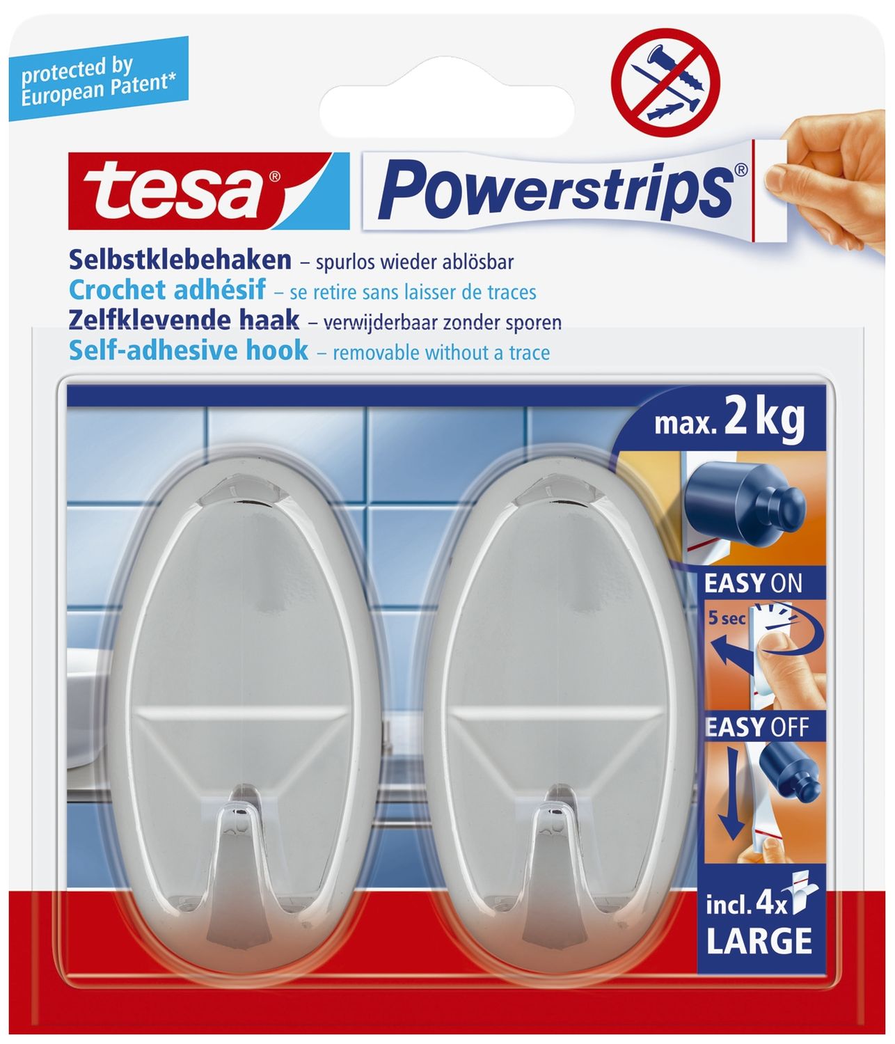 Powerstrips® Systemhaken - ablösbar, oval, chrom, Tragfähigkeit 2 kg Powerstrips® Systemhaken - ablösbar, oval, chrom, Tragfähigkeit 2 kg