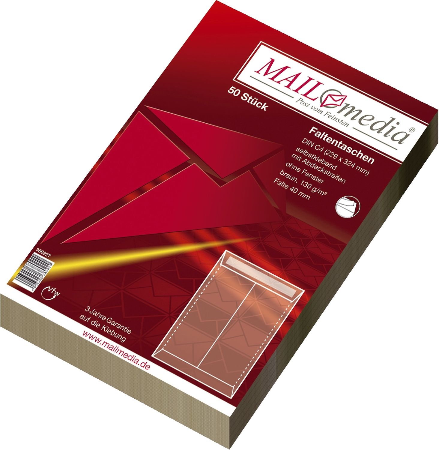 Faltentaschen MAILmedia® 30002481, C4,Falte 40mm,haftklebend,m.Abdeckstr.,o.F.,braun,130 g,50 St. Faltentaschen MAILmedia® 30002481, C4,Falte 40mm,haftklebend,m.Abdeckstr.,o.F.,braun,130 g,50 St.