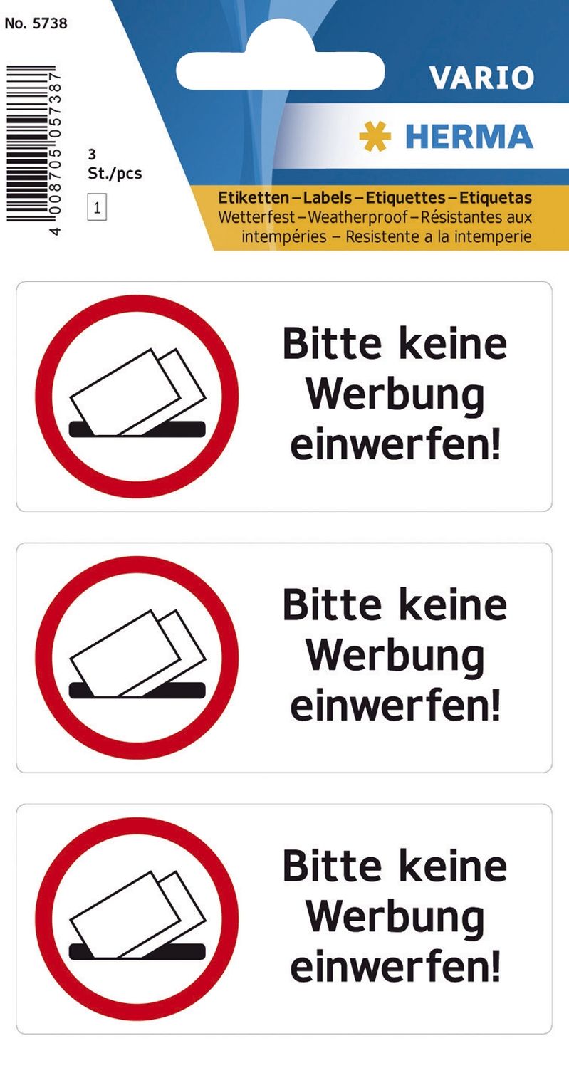 5738 Hinweisetiketten Bitte keine Werbung einwerfen - wetterfest 5738 Hinweisetiketten Bitte keine Werbung einwerfen - wetterfest