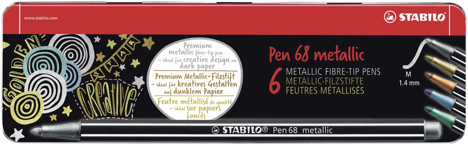 Premium Metallic-Filzstift - Pen 68 metallic - 6er Metalletui - 2x silber, je 1x gold, kupfer, metallic blau, metallic grün