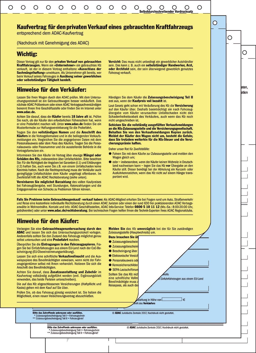 Kaufvertrag für gebrauchtes Kfz - offizieller ADAC-Vordruck, A4, 4 Blatt Kaufvertrag für gebrauchtes Kfz - offizieller ADAC-Vordruck, A4, 4 Blatt