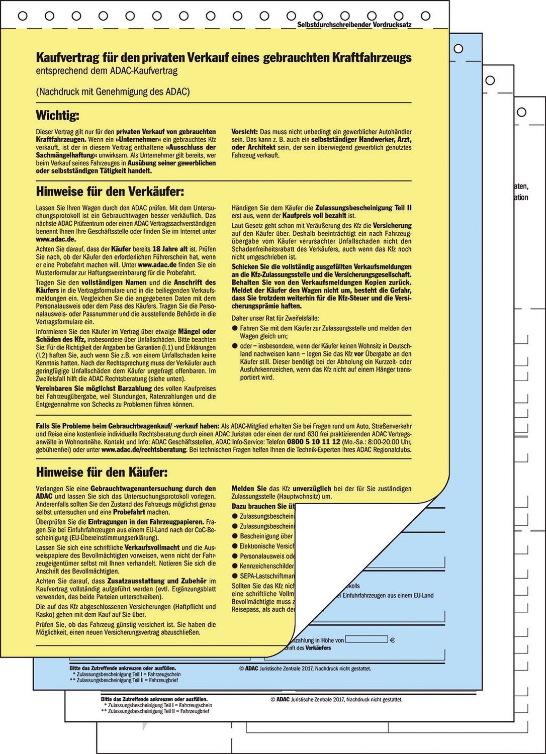 Kaufvertrag für gebrauchtes Kfz - offizieller ADAC-Vordruck, A4, 4 Blatt