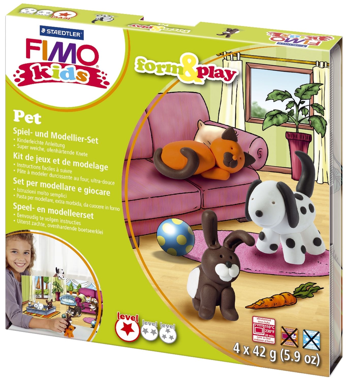 Modelliermasse FIMO® Kids Materialpackung Form & Play "Pets", 4 x 42 g