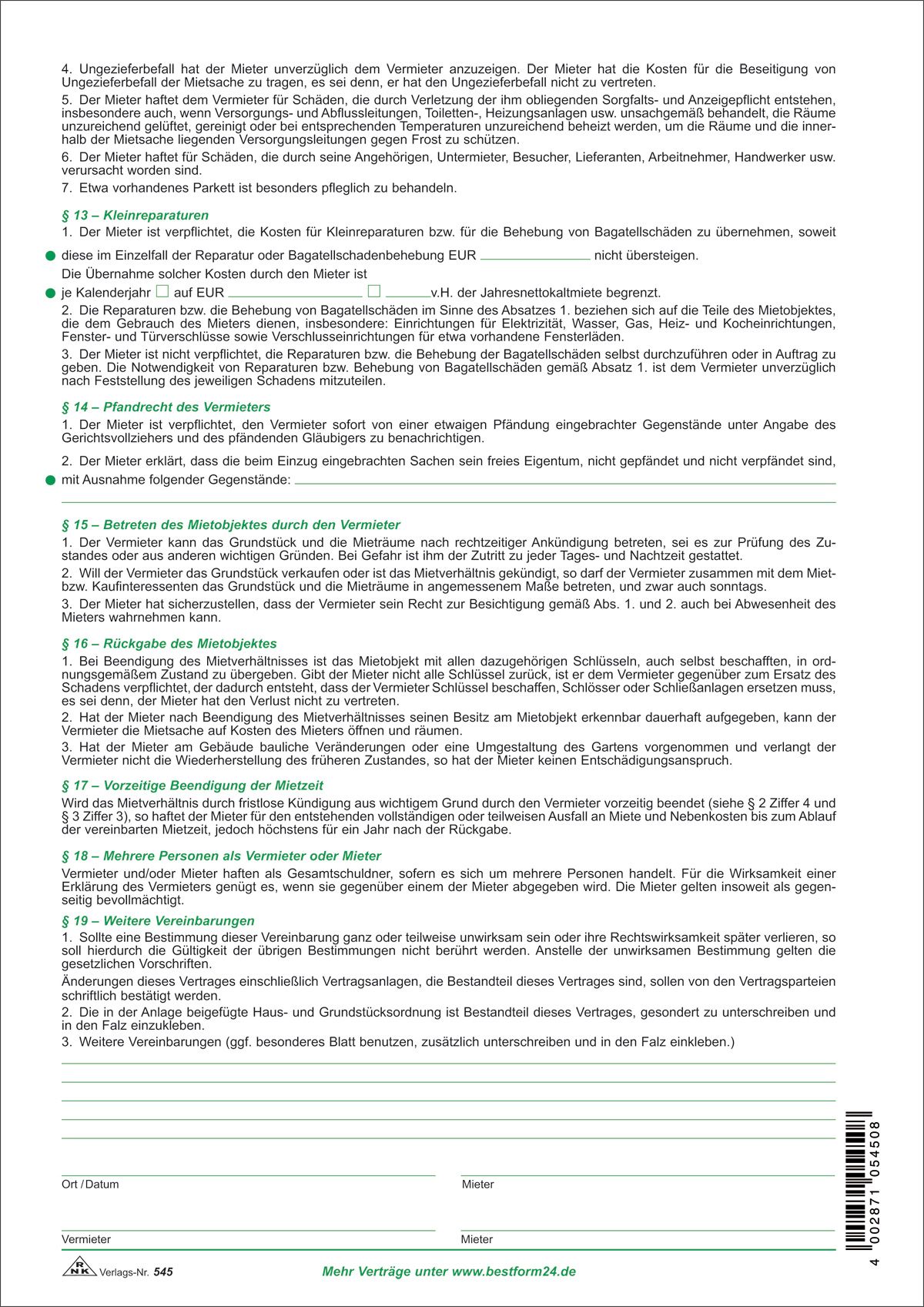 Verträge zur Vermietung eines Hauses, 4 Seiten, DIN A4 + Hausordnung Verträge zur Vermietung eines Hauses, 4 Seiten, DIN A4 + Hausordnung