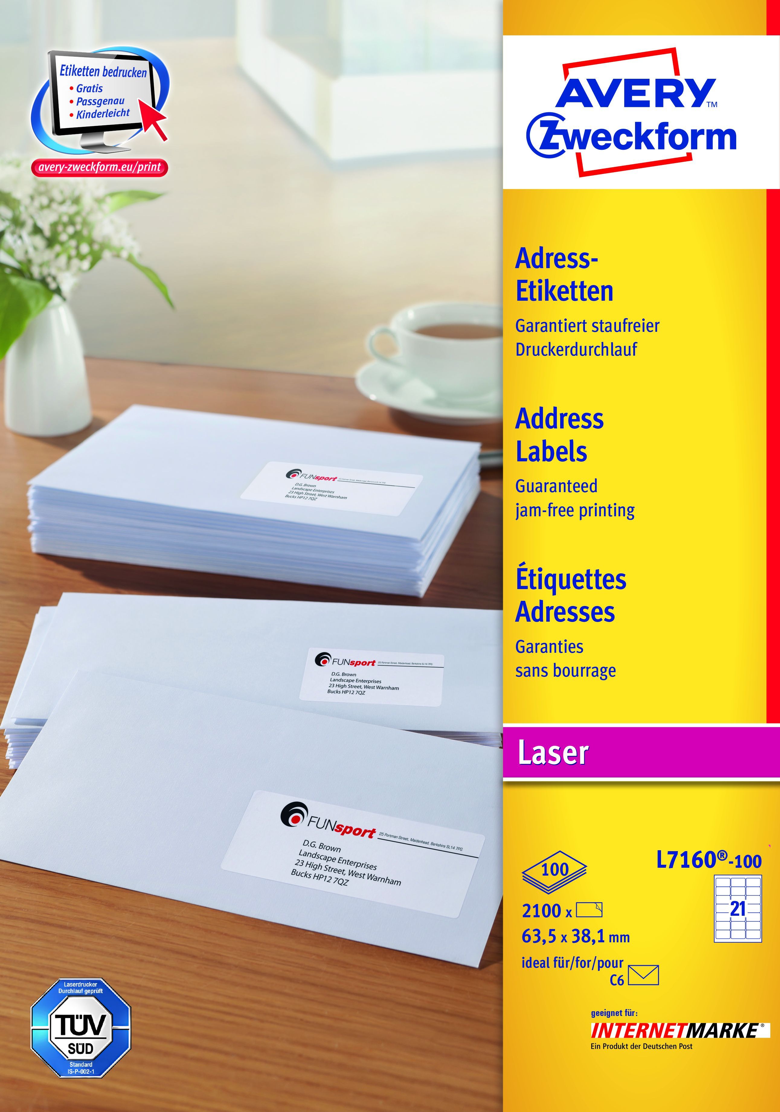 L7160-100 Adress-Etiketten - 63,5 x 38,1 mm, weiß, 2.100 Etiketten/100 Blatt, permanent, für C6 Kuverts L7160-100 Adress-Etiketten - 63,5 x 38,1 mm, weiß, 2.100 Etiketten/100 Blatt, permanent, für C6 Kuverts