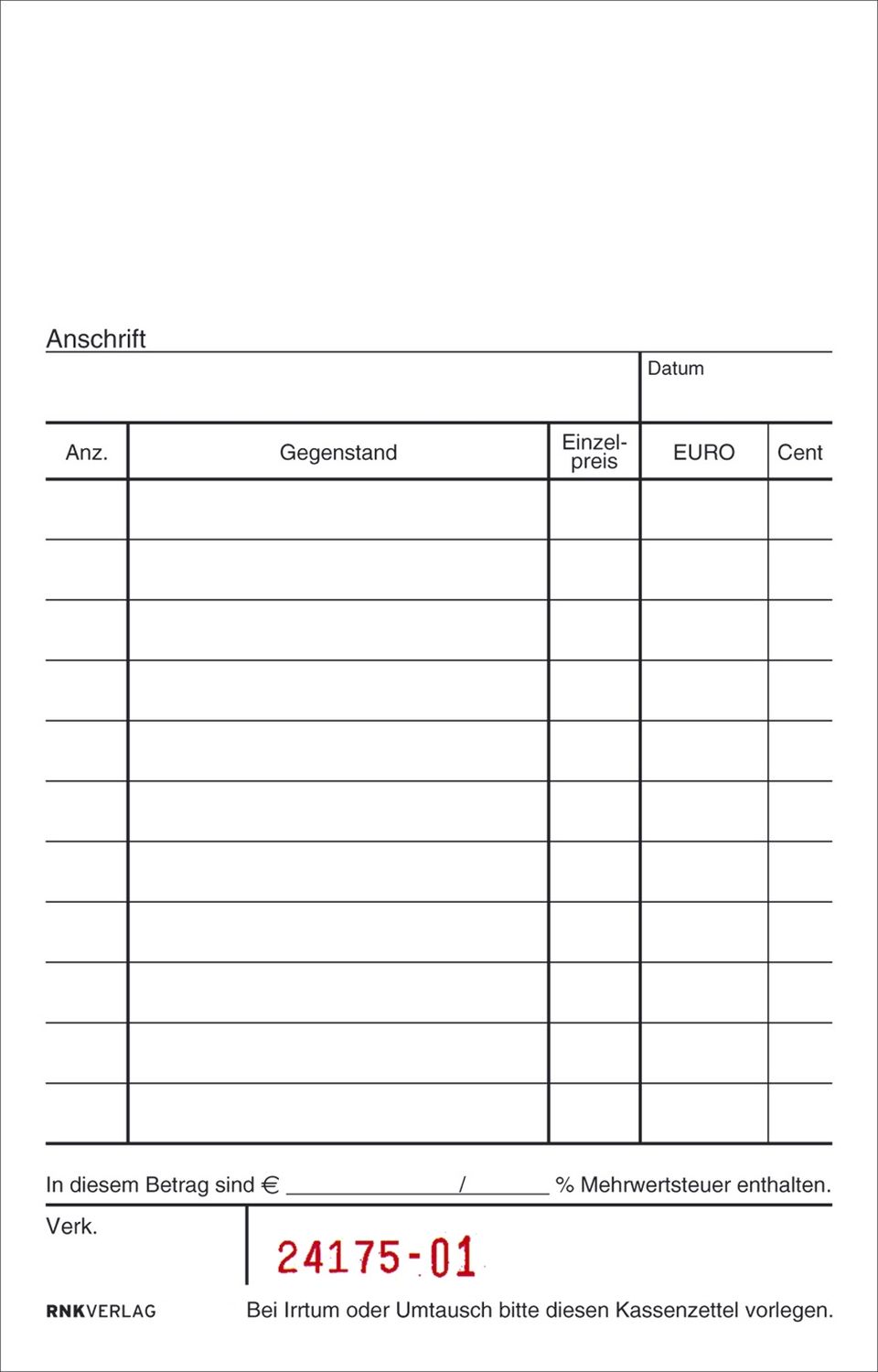 Kassenblock - oben geheftet, 2 x 50 Blatt, (BxH): 96 x 167 mm, mit Nummerierung