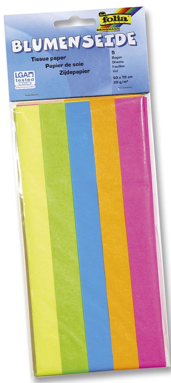 Blumenseide - 50 x 70 cm, 5 Bogen, farbig sortiert neon Blumenseide - 50 x 70 cm, 5 Bogen, farbig sortiert neon