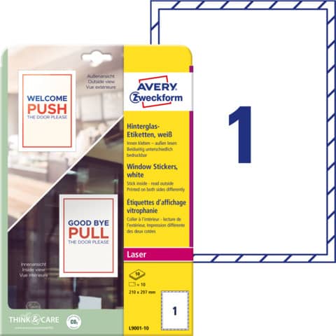 Universaletiketten Avery Zweckfrom L9001-10, Hinterglas-Etiketten, 210 x 297 mm, weiß, 10 Blatt mit 10 Etiketten, ablösbar