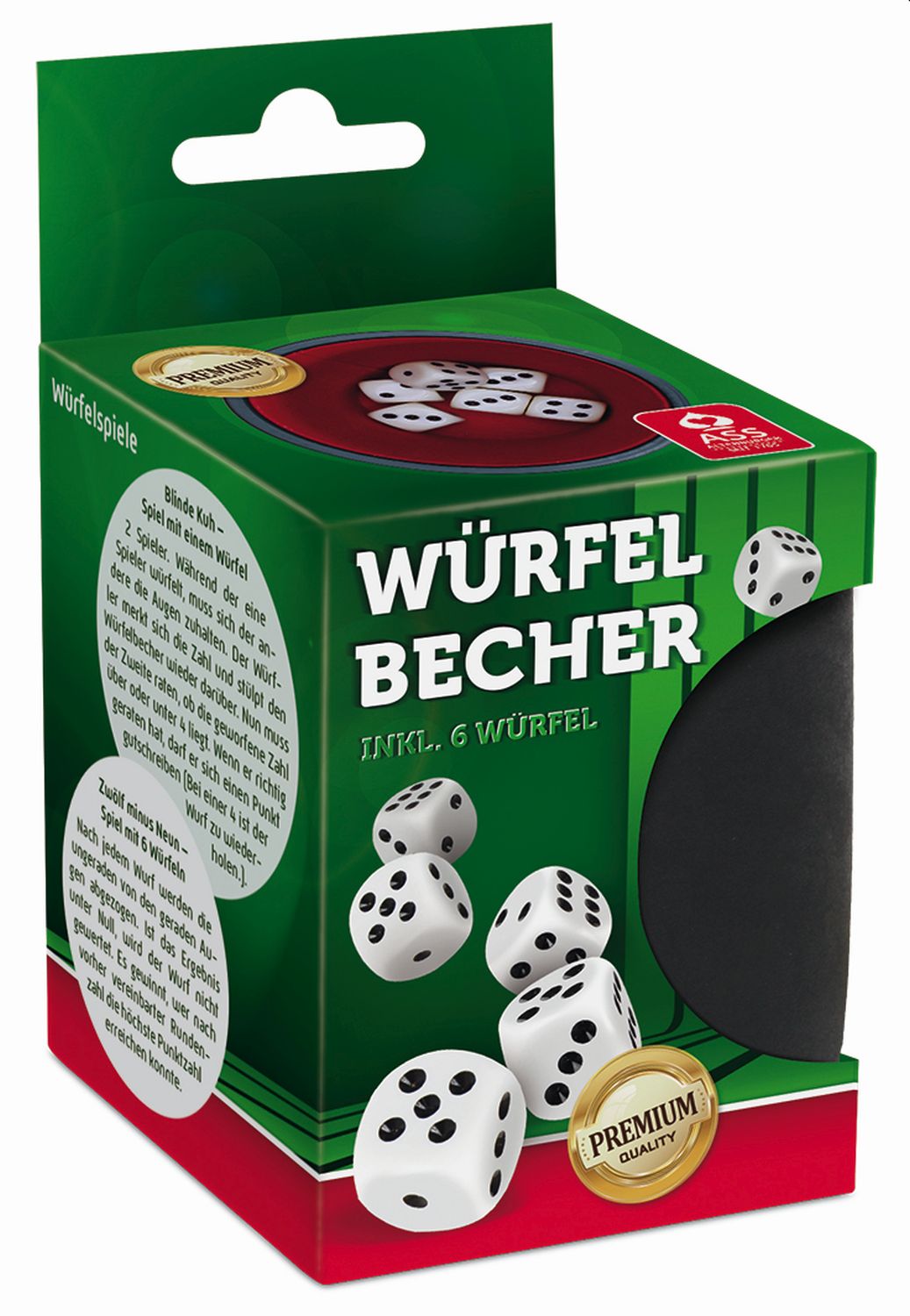 Lederwürfelbecher mit 6 Würfeln in Faltschachtel Lederwürfelbecher mit 6 Würfeln in Faltschachtel