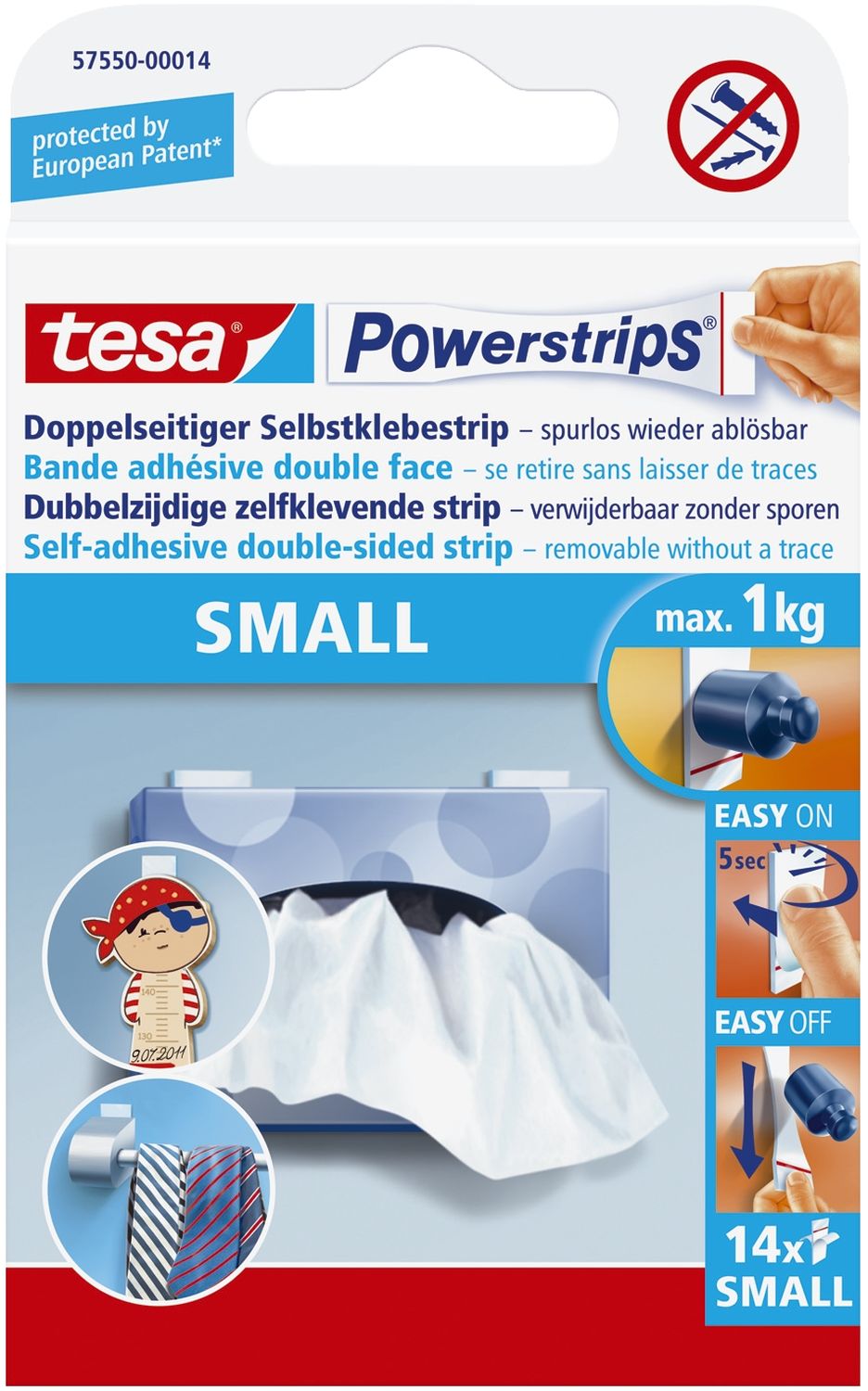 Powerstrips® Small - ablösbar, Tragfähigkeit 1 kg, weiß, 14 Stück