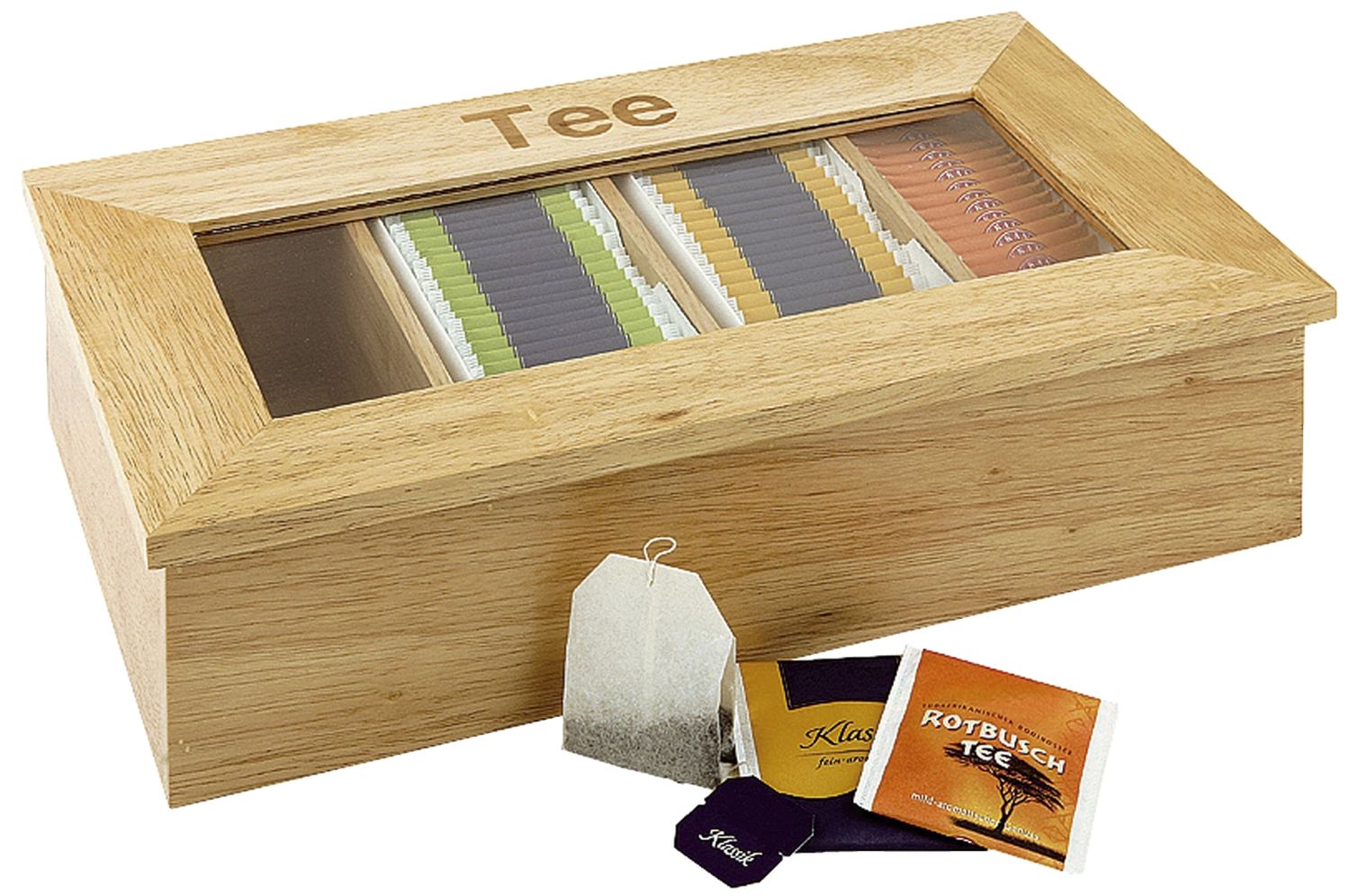 TEEBOX mit 4 Fächern, Aufschrift Tee, aus hellem Holz, mit Sichtfenster TEEBOX mit 4 Fächern, Aufschrift Tee, aus hellem Holz, mit Sichtfenster