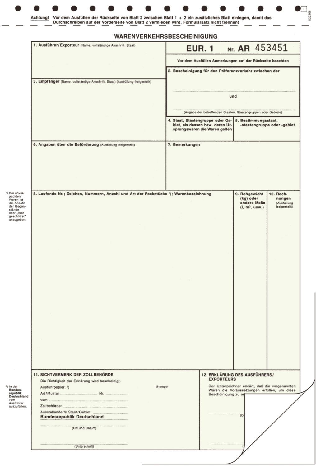 Warenverkehrsbescheinigung EUR.1 - SD, 1 x 2 Blatt, DIN A4 Warenverkehrsbescheinigung EUR.1 - SD, 1 x 2 Blatt, DIN A4