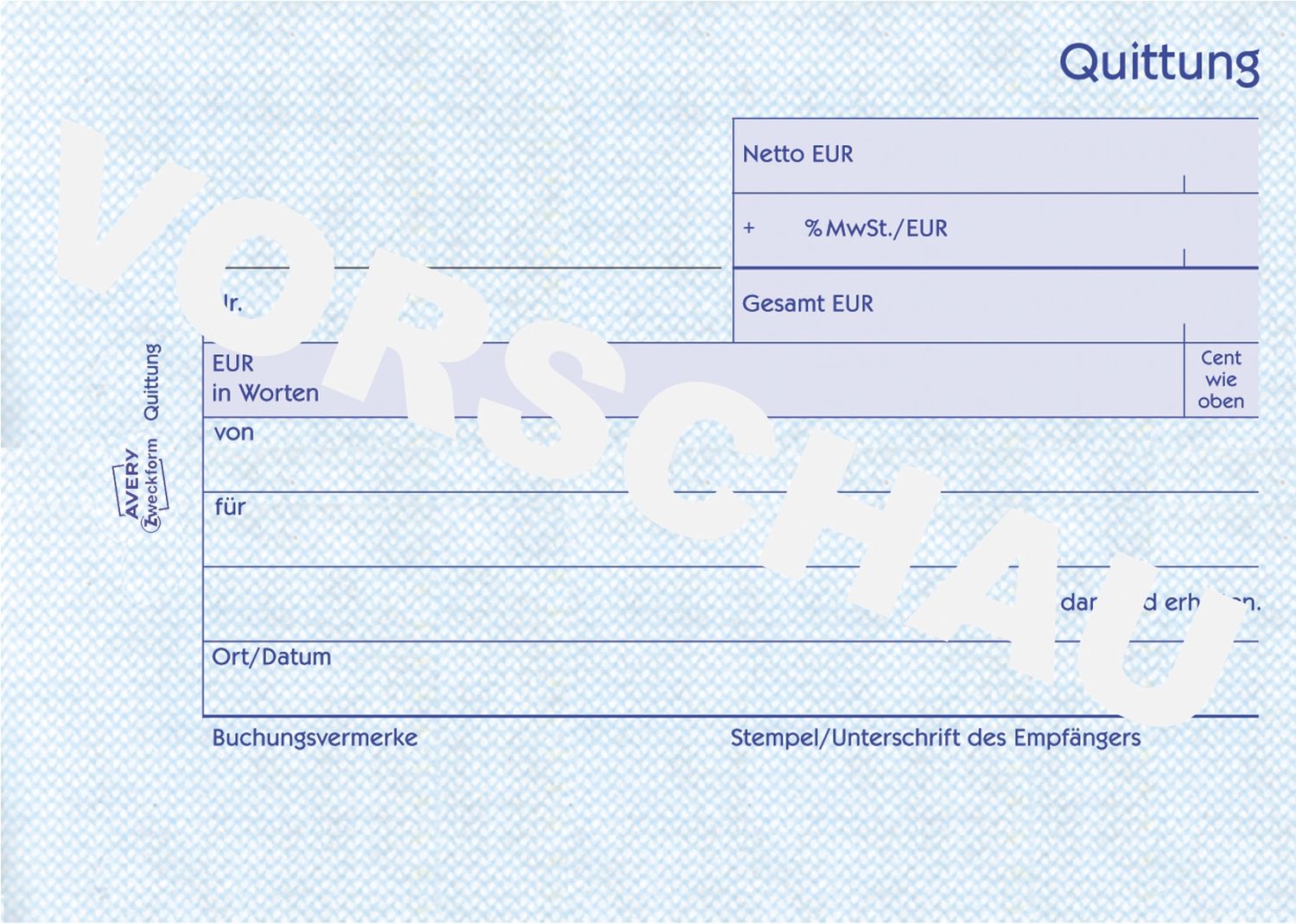 302 Quittung MwSt. separat ausgewiesen - A6 quer, MP, fälschungssicher, 50 Blatt, weiß 302 Quittung MwSt. separat ausgewiesen - A6 quer, MP, fälschungssicher, 50 Blatt, weiß