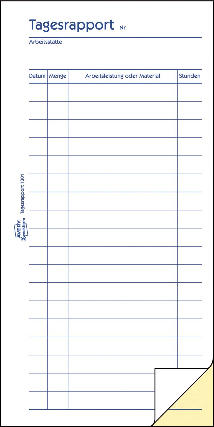 1301 Tagesrapport, 1. und 2. Blatt bedruckt, 105 x 200mm, 2 x 50 Blatt 1301 Tagesrapport, 1. und 2. Blatt bedruckt, 105 x 200mm, 2 x 50 Blatt