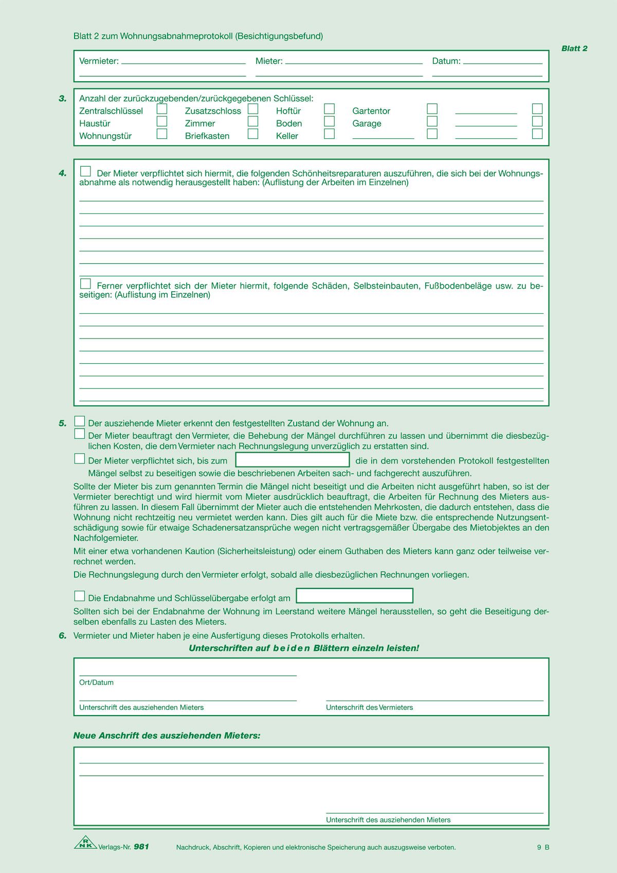 Wohnungs-Abnahmeprotokoll - SD, 2 x 2 Blatt, DIN A4