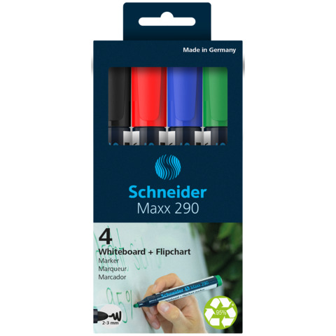 Whitebaordmarker Schneider Maxx 290 (129094), Rundspitze 2 - 3 mm, 4 Stück farbig sortiert