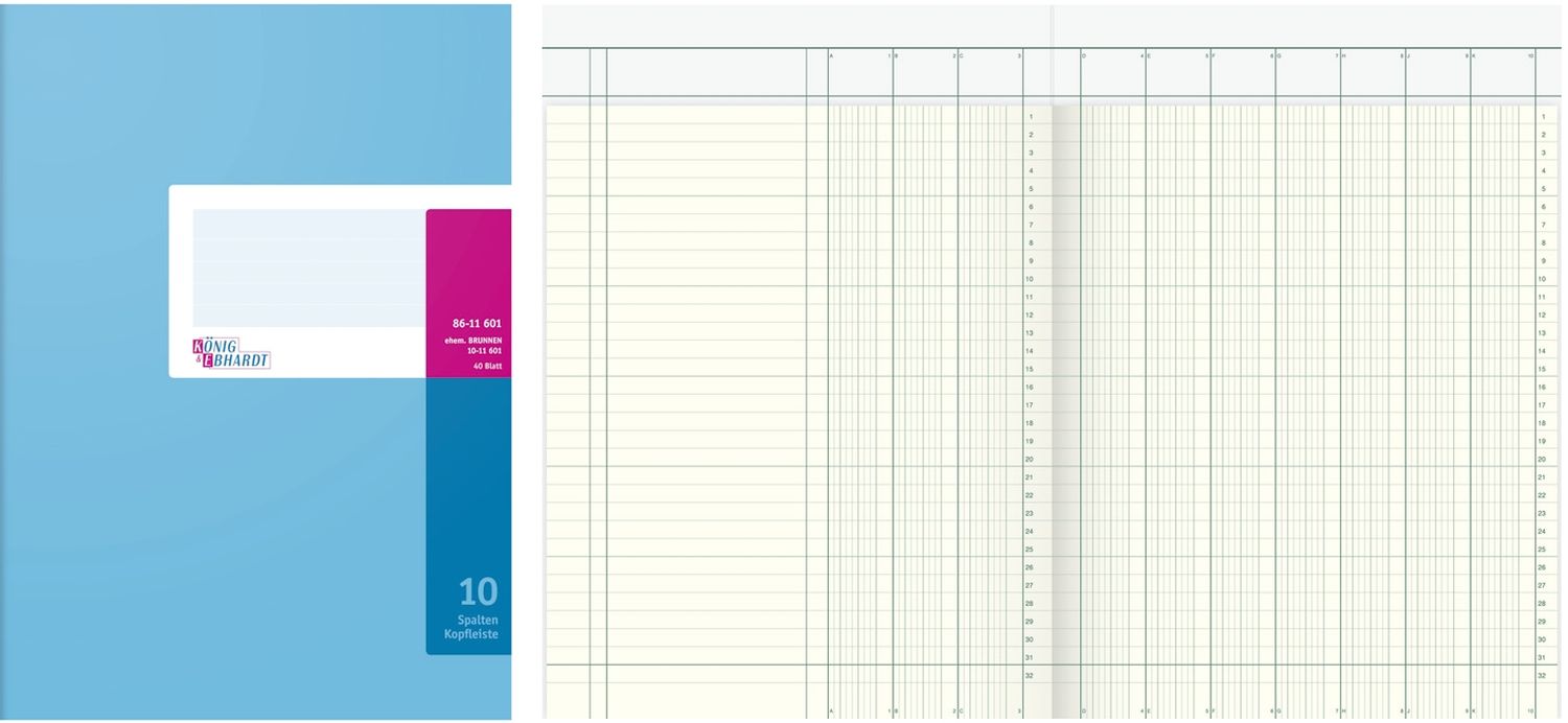 Spaltenbuch Kopfleisten-Ausführung - A4, 10 Spalten, 40 Blatt, Schema über 2 Seite