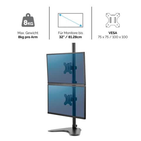 Monitorhalterung Fellows Seasa 8044001, für 2 Monitore bis 32 Zoll vertikal, Standfuß, schwarz