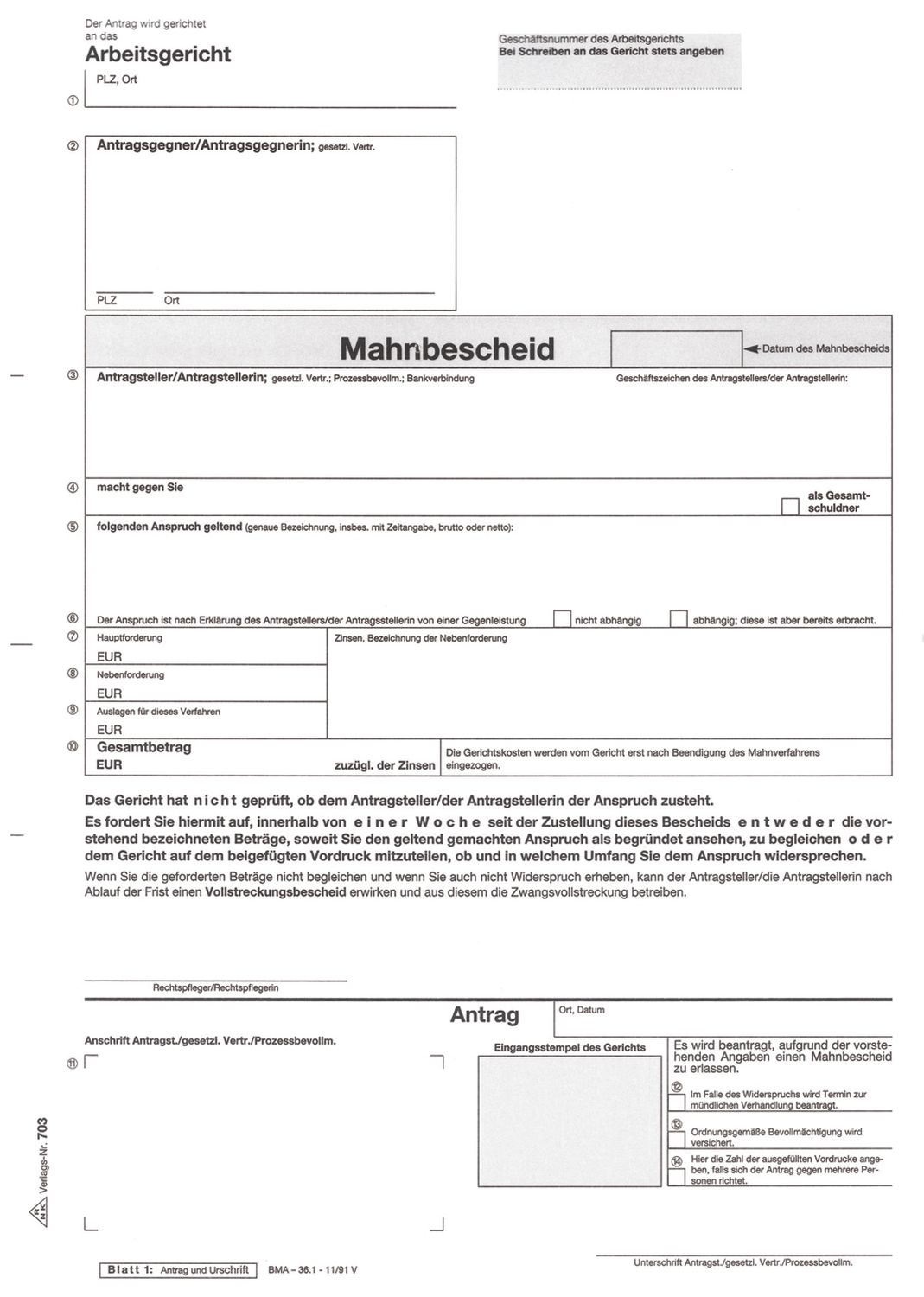 Antrag Mahn- und Vollstreckungsbescheid Arbeitsgericht - SD, 1x5 Blatt, DIN A4 Antrag Mahn- und Vollstreckungsbescheid Arbeitsgericht - SD, 1x5 Blatt, DIN A4