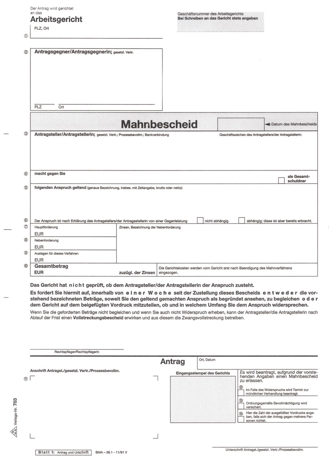 Antrag Mahn- und Vollstreckungsbescheid Arbeitsgericht - SD, 1x5 Blatt, DIN A4