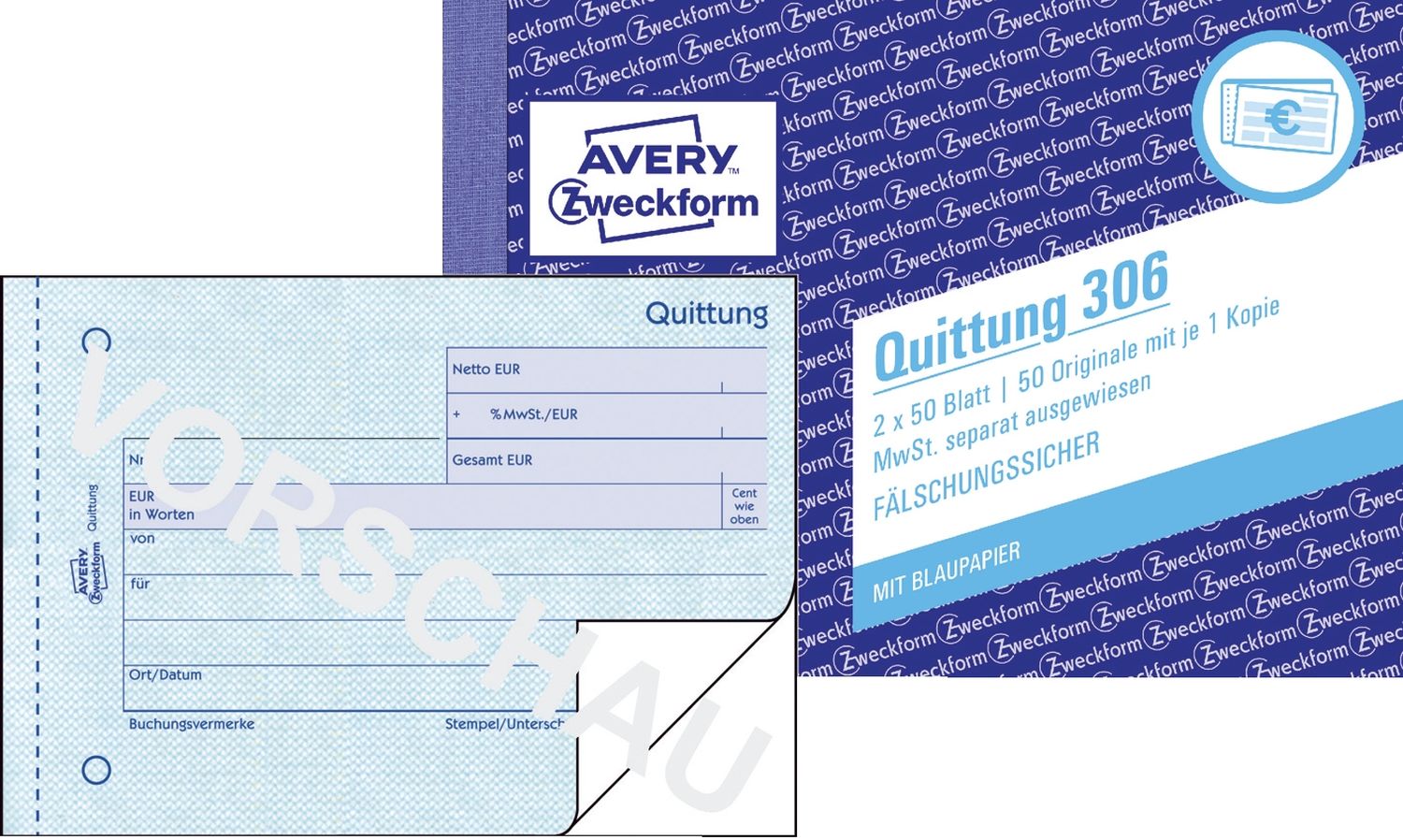 306 Quittung MwSt. separat ausgewiesen - A6 quer, MP, BL, fälschungssicher, 2x 50 Blatt, weiß 306 Quittung MwSt. separat ausgewiesen - A6 quer, MP, BL, fälschungssicher, 2x 50 Blatt, weiß