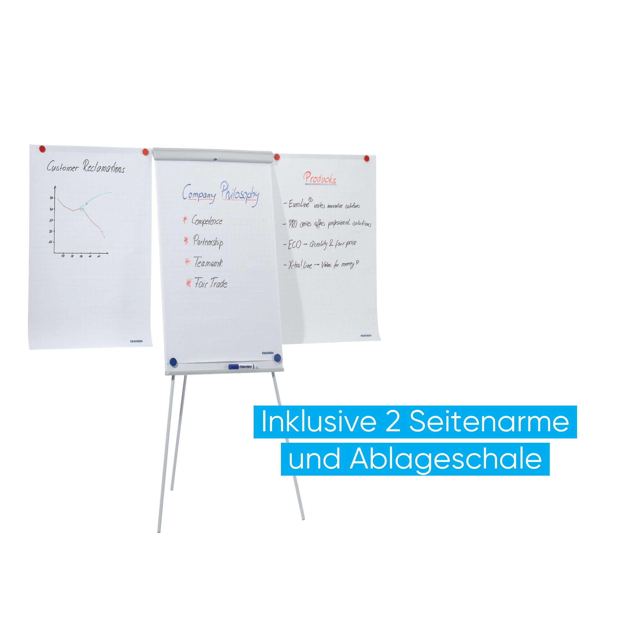 Flipchart Franken X-tra!Line Standard Plus EL-FC22, Dreibein, mit Seitenarmen, höhenverstellbar, 68 x 105 cm