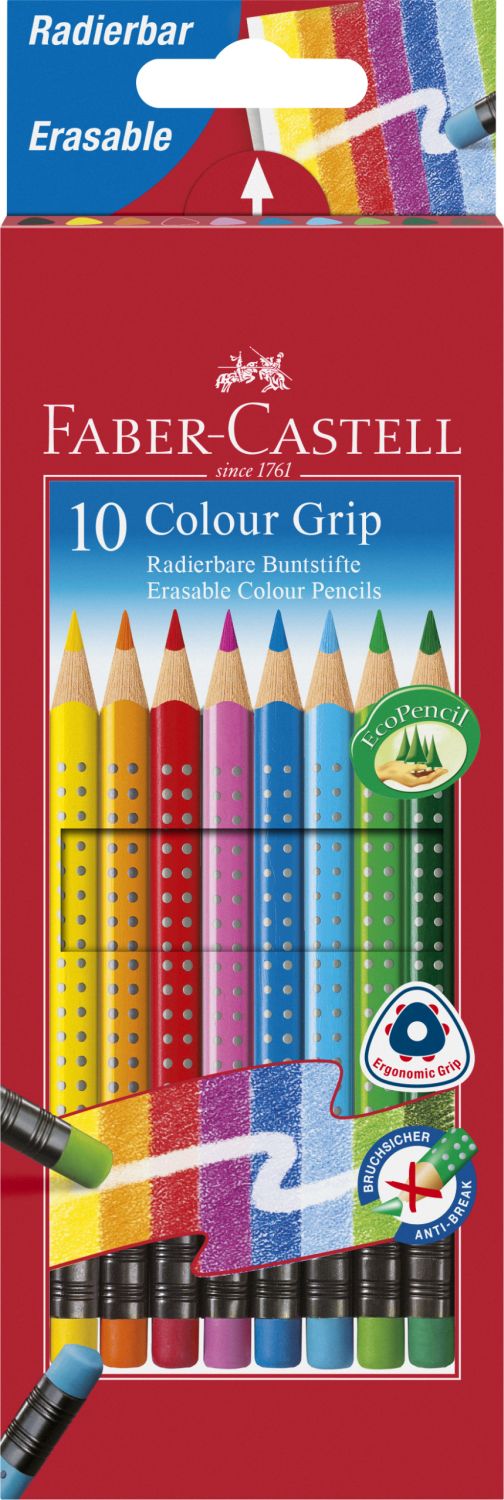 Buntstift Colour GRIP Radierbare - 10 Farben sortiert mit Radiergummi, Kartonetui