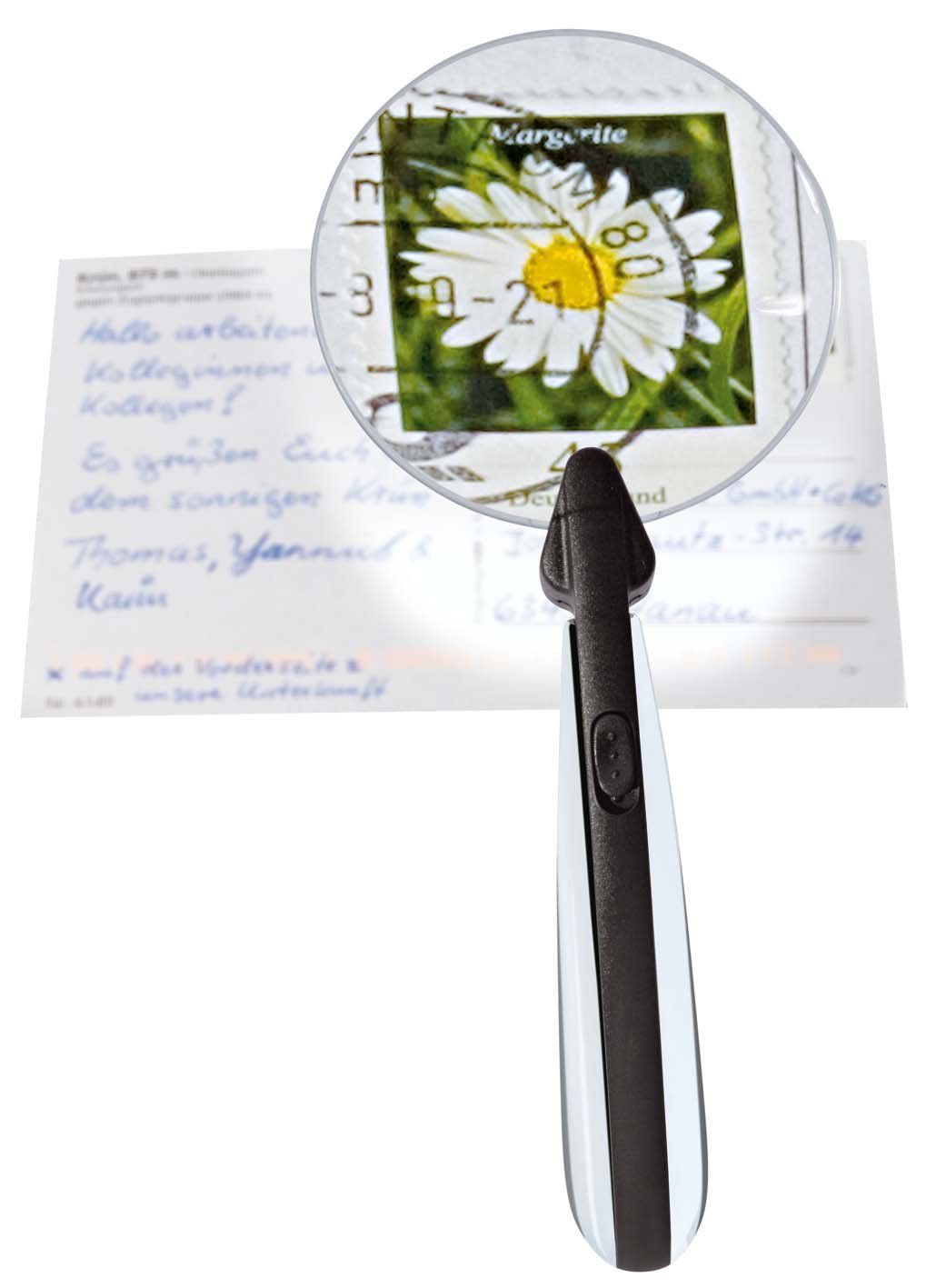 Rundlupe Ø 8 cm mit LED-Licht - 2,2-fach, rahmenlos, schwarz/chrom Rundlupe Ø 8 cm mit LED-Licht - 2,2-fach, rahmenlos, schwarz/chrom