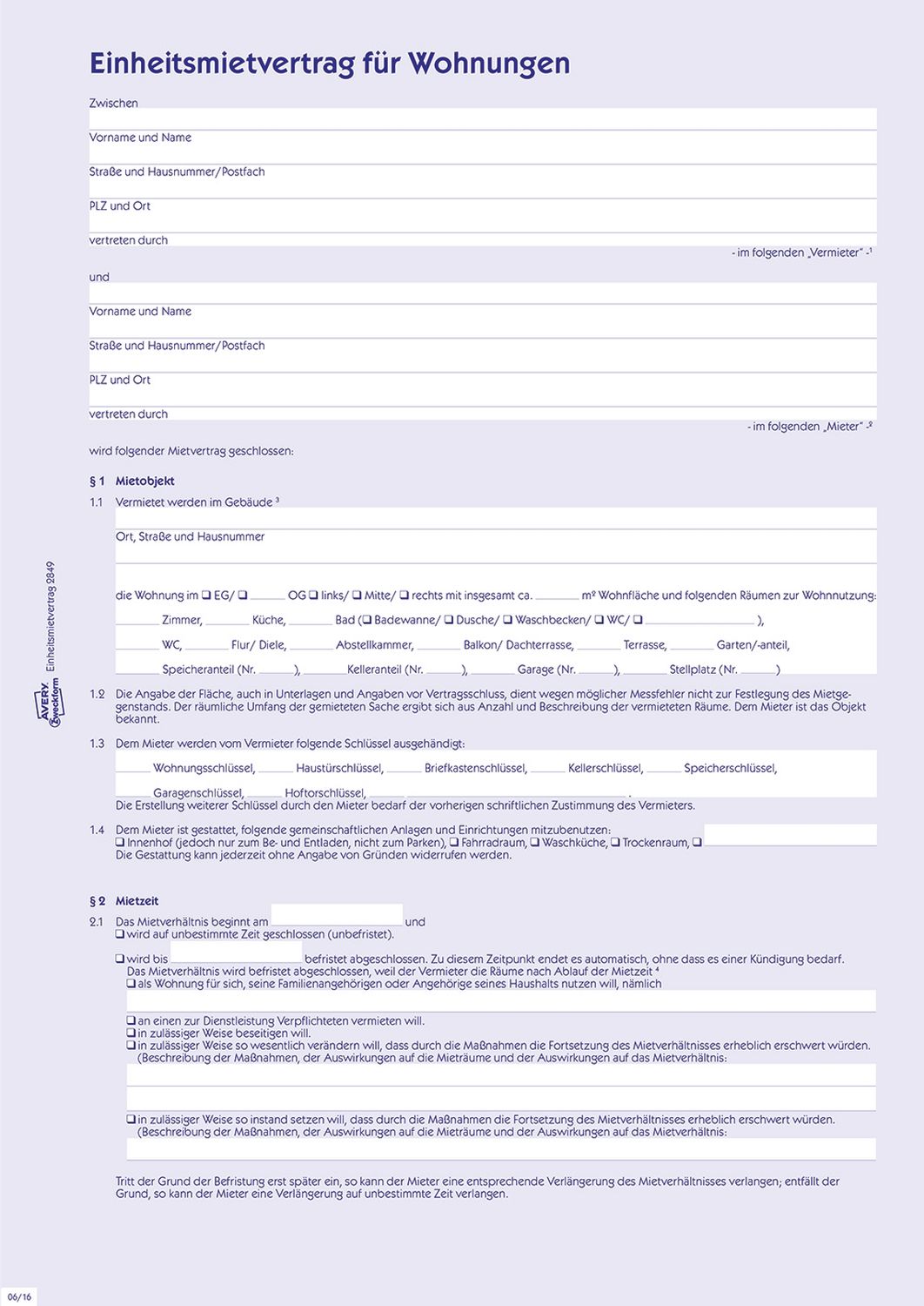 2849 Einheitsmietvertrag für Wohnungen, DIN A4, mit Hausordnung, 1 Satz, blau