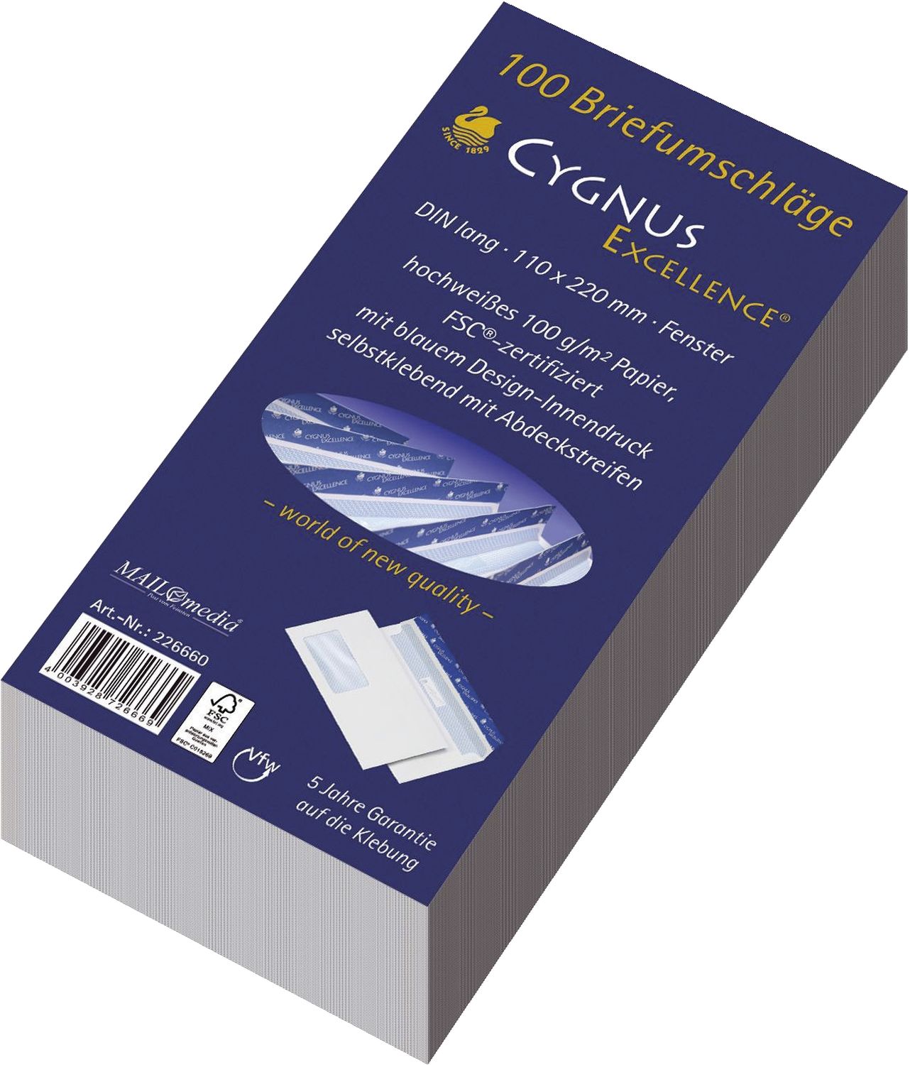 Briefumschläge Cygnus Excellence 30002393, DIN lang (220x110 mm), haftkebend, weiß, Offset 100g, 100 Stück mit Fenster