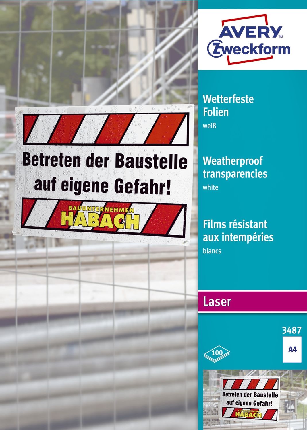 3487 Wetterfeste Folie - A4, spezialbeschichtet, Stärke 0,13 mm, 100 Blatt 3487 Wetterfeste Folie - A4, spezialbeschichtet, Stärke 0,13 mm, 100 Blatt