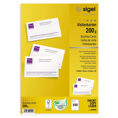 Visitenkarten Sigel DP839, einseitiger Druck, 85 x 55 cm, Ecken spitz, 200 g/qm, hochweiß, 150 Stück auf 15 Blatt