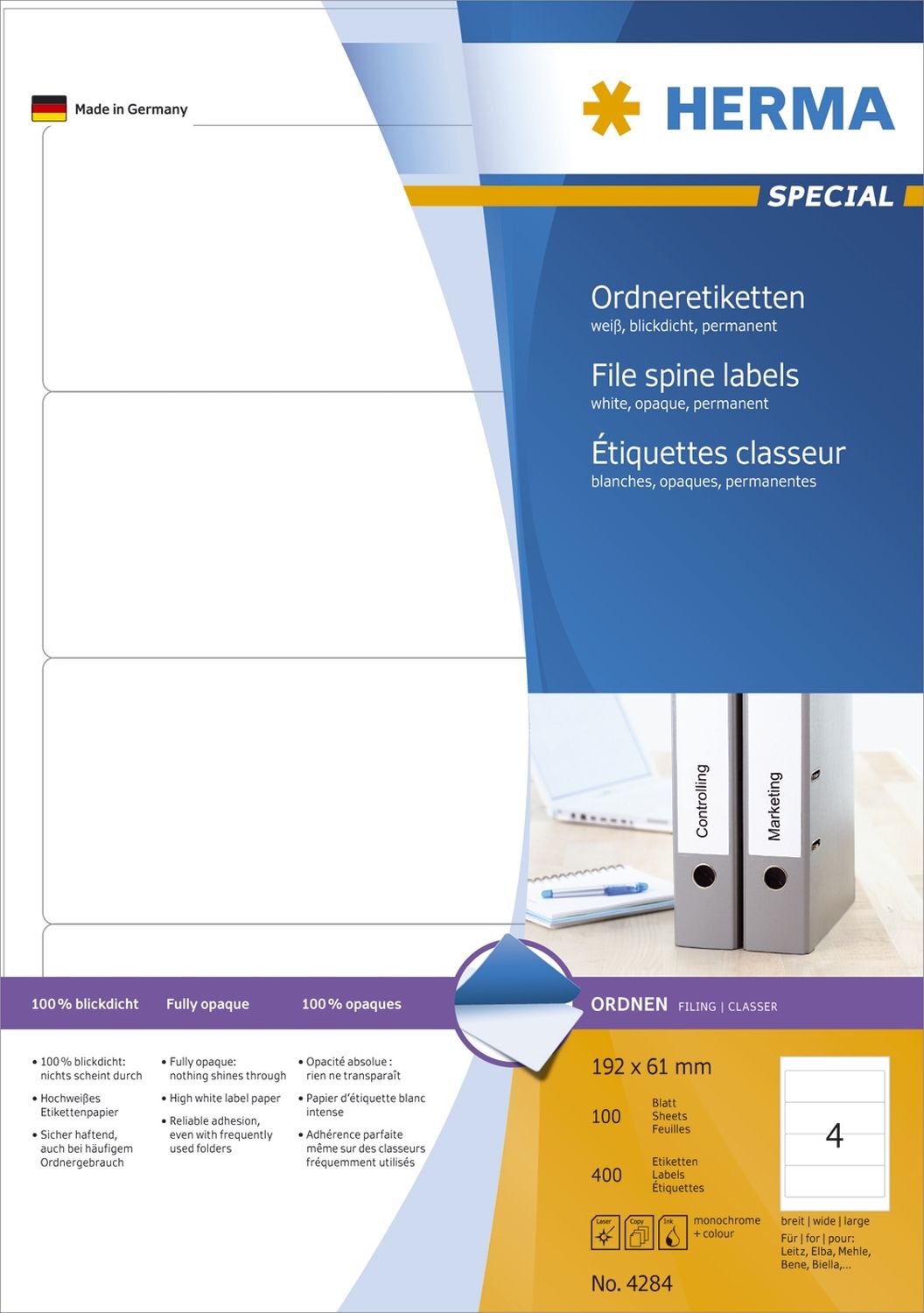 Rückenschilder Herma Special 4284 PC-beschriftbar, breit/kurz 61x192 mm Papier matt blickdicht 400 St. Rückenschilder Herma Special 4284 PC-beschriftbar, breit/kurz 61x192 mm Papier matt blickdicht 400 St.
