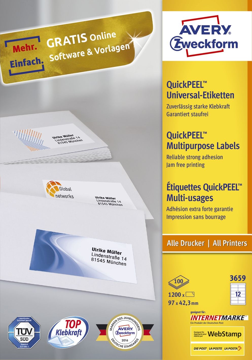 3659 Universal-Etiketten ultragrip - 97 x 42,3 mm, weiß, 1.200 Etiketten, permanent