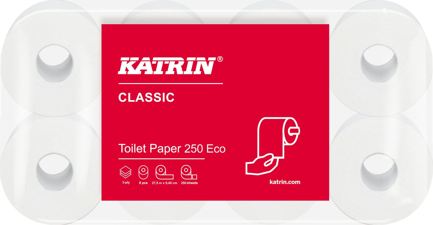 Toilettenpapier Classic Eco - 3-lagig, weiß, 8 Rollen à 250 Blatt Toilettenpapier Classic Eco - 3-lagig, weiß, 8 Rollen à 250 Blatt