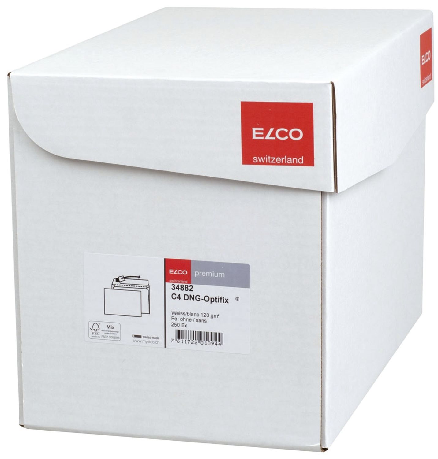 Versandtaschen Office Elco 34882, C4, Öffnung an der langen Seite, ohne Fenster, hochweiß, haftklebend, 120 g/qm, 250 Stück in Box mit Deckel
