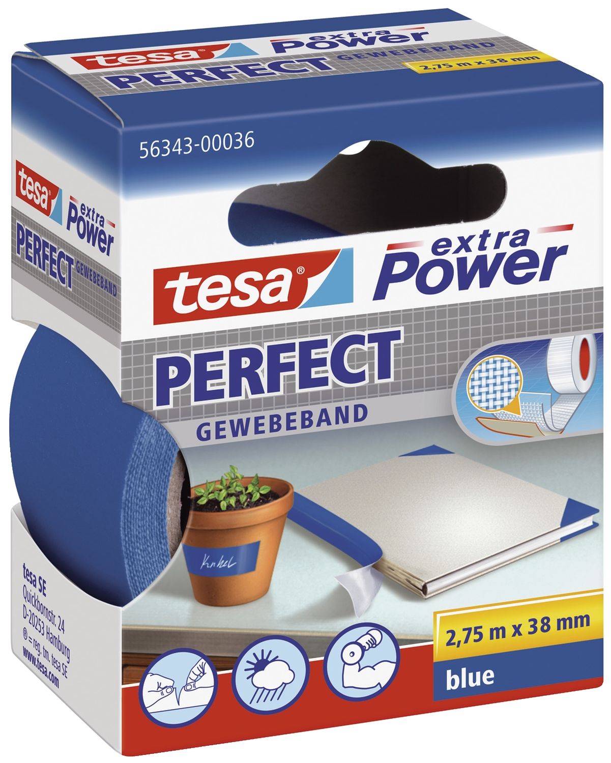 Gewebeklebeband extra Power Perfect - 2,75 m x 38 mm, blau