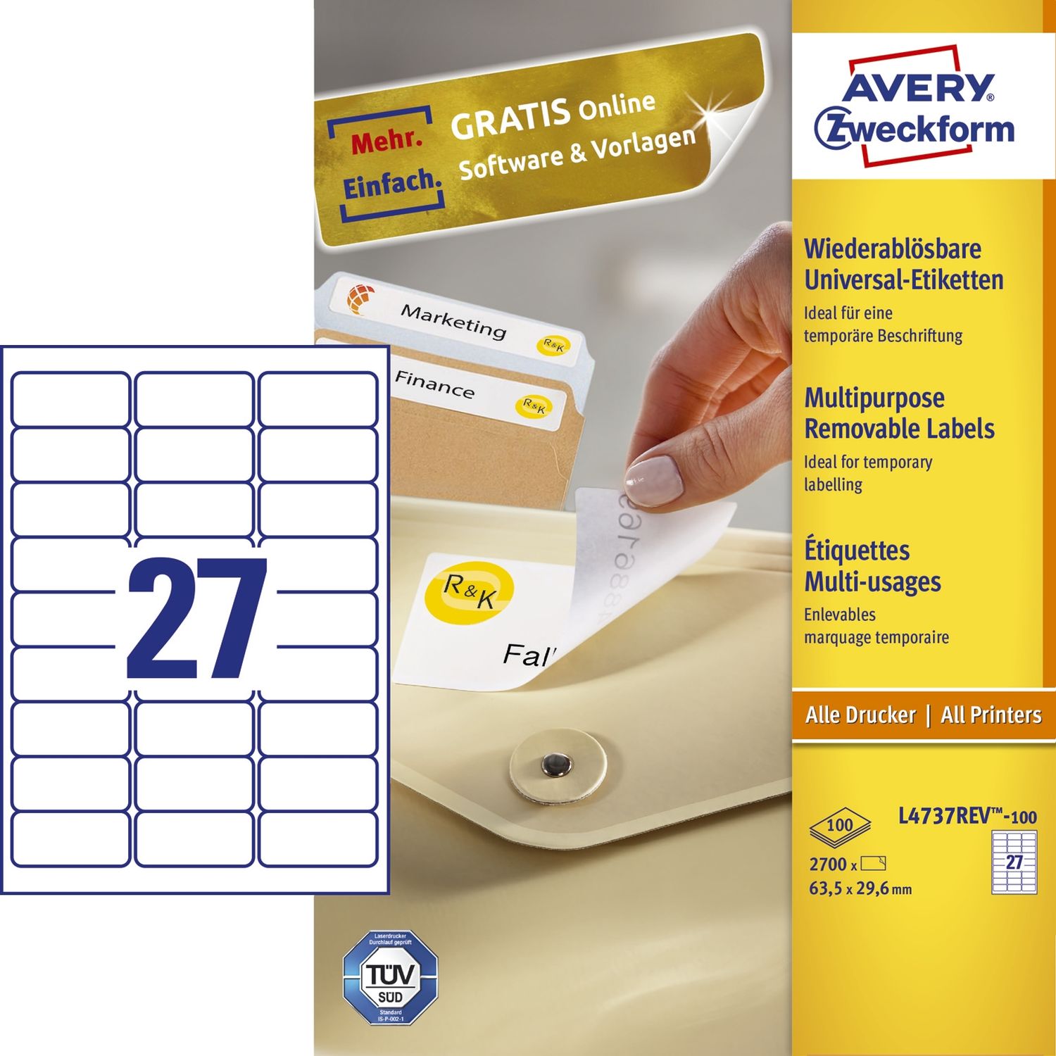 L4737REV-100 Universal-Etiketten - 63,5 x 29,6 mm, weiß, 2.700 Etiketten, wiederablösbar