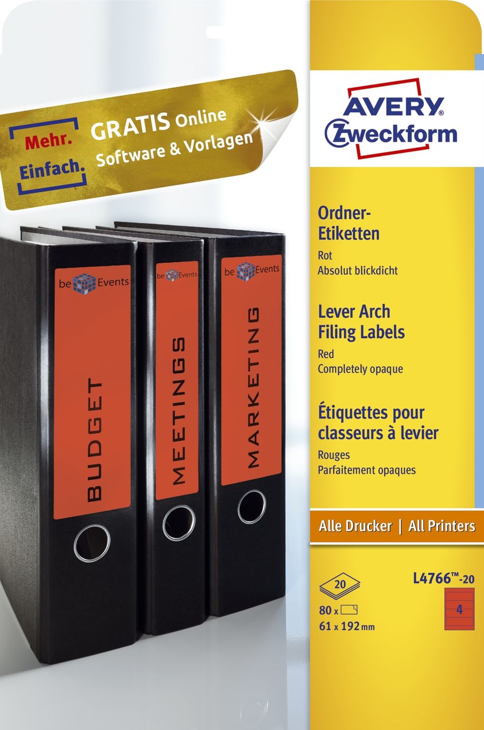 Rückenschilder farbig Avery Zweckform L4766-20 PC-beschriftbar, breit/kurz 61 x 192 mm, 20 Bogen/80 Etiketten, rot