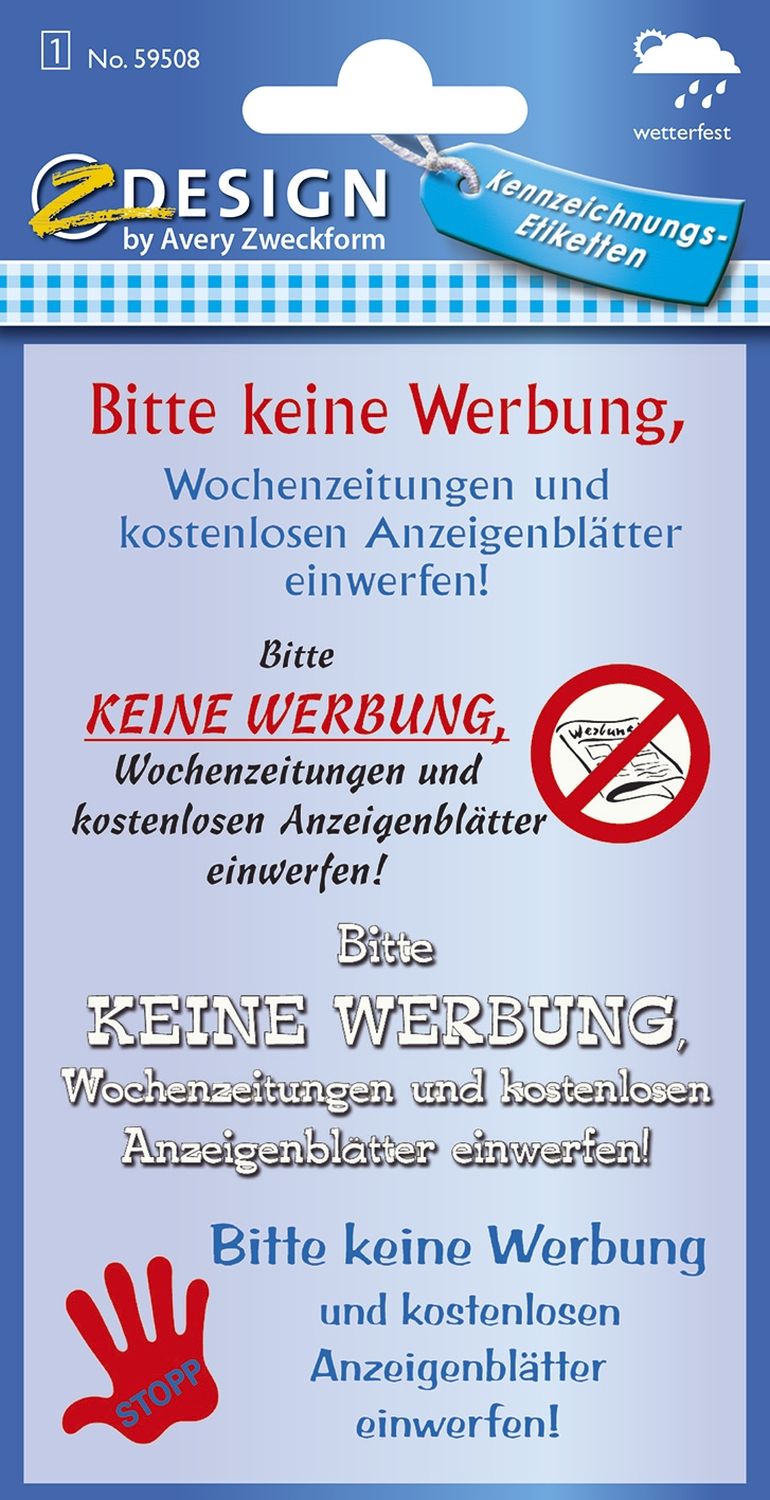 59508 Home Hinweis-Etikett "Keine Werbung", Kunststoff, 1 Bogen 4 Etiketten