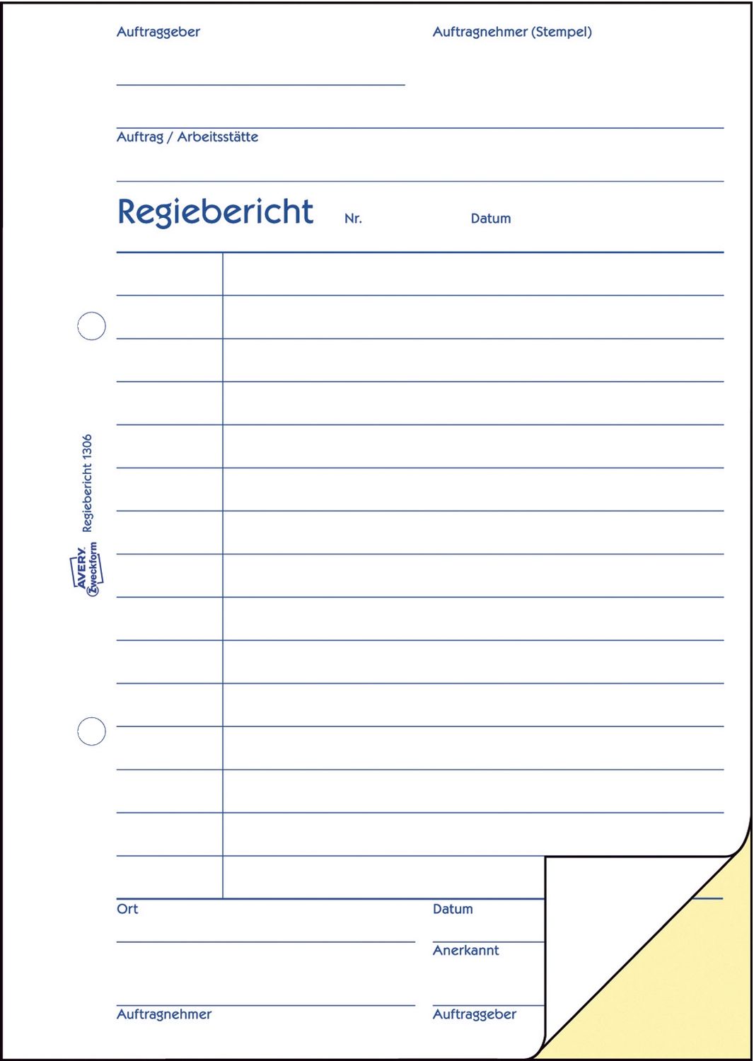 1306 Regiebericht, DIN A5, vorgelocht, 2 x 50 Blatt, weiß, gelb 1306 Regiebericht, DIN A5, vorgelocht, 2 x 50 Blatt, weiß, gelb