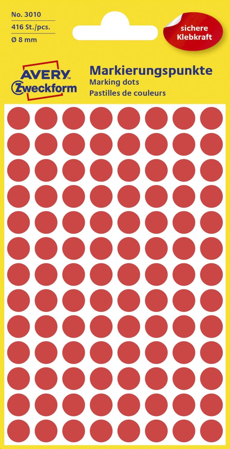 3010 Markierungspunkte - Ø 8 mm, 4 Blatt/416 Etiketten, rot 3010 Markierungspunkte - Ø 8 mm, 4 Blatt/416 Etiketten, rot