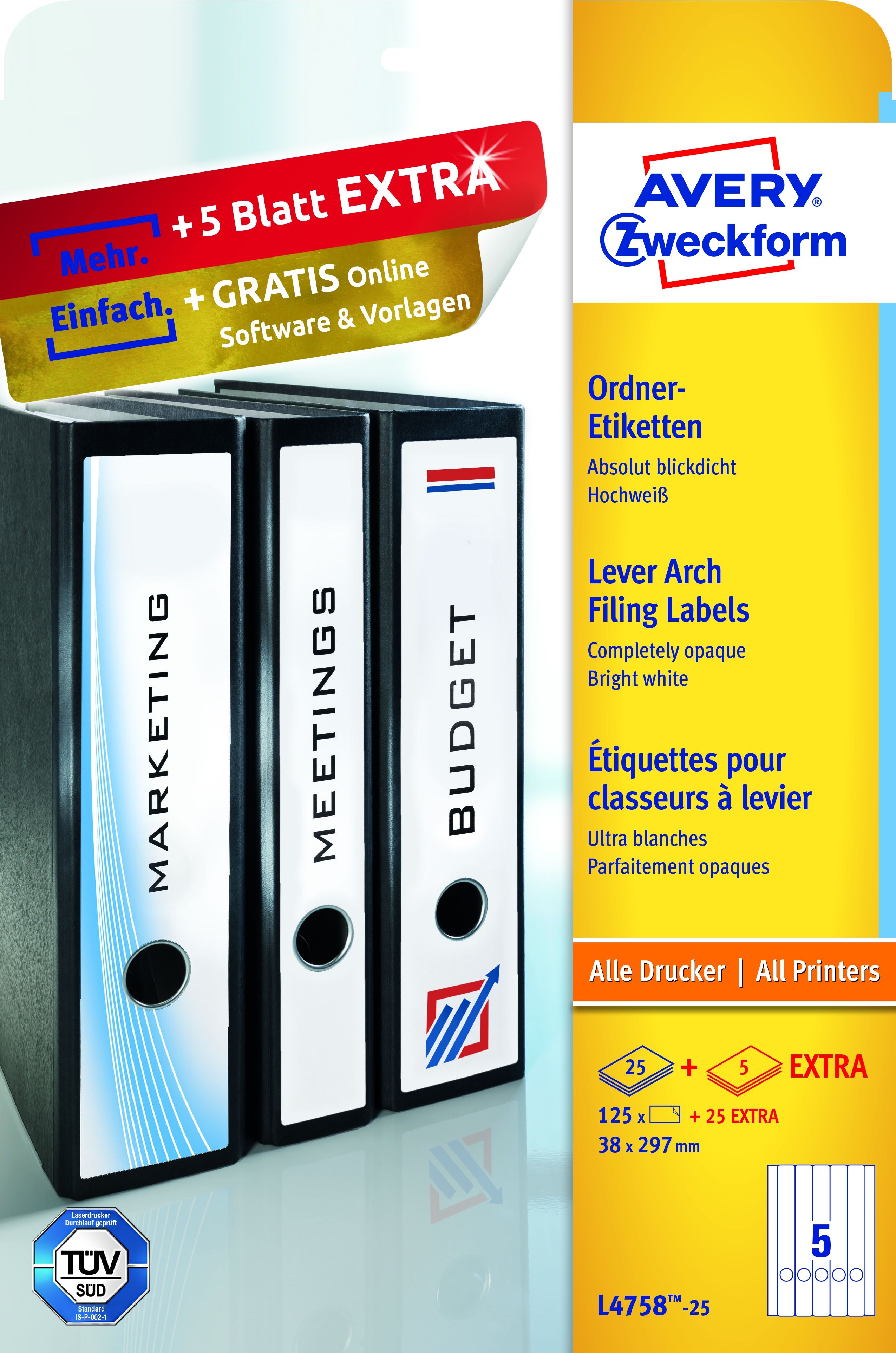 Rückenschild Avery Zweckform L4758-25 PC-beschriftbar, schmal/lang 38 x 297 mm, 30 Bogen/150 Etiketten, weiß